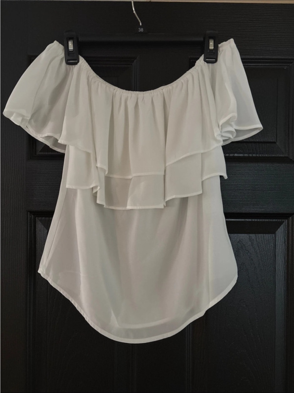 New York & Company White Off-Shoulder Ruffle Blouse